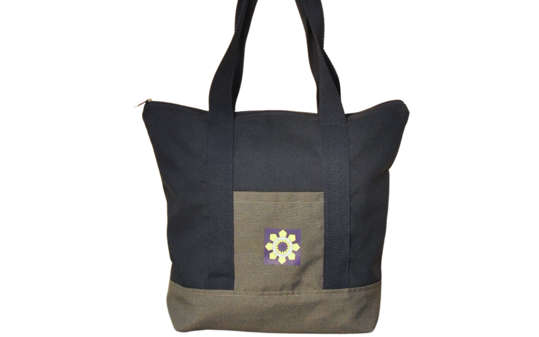Two Tone Full Strap Tote Bag with Bottom Gusset and Zipper Enclosure